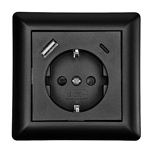 Schutzkontakt-Steckdose mit 2 x USB-Anschluss Typ A + C 3,5A Schwarz Schuko Steckdose Unterputz Wandsteckdose Ladegerät von NCC-Licht