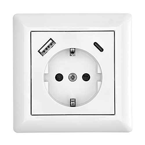 Schutzkontakt-Steckdose mit 2 x USB-Anschluss Typ A + C 3,5A Weiß Schuko Steckdose Unterputz Wandsteckdose Ladegerät von NCC-Licht