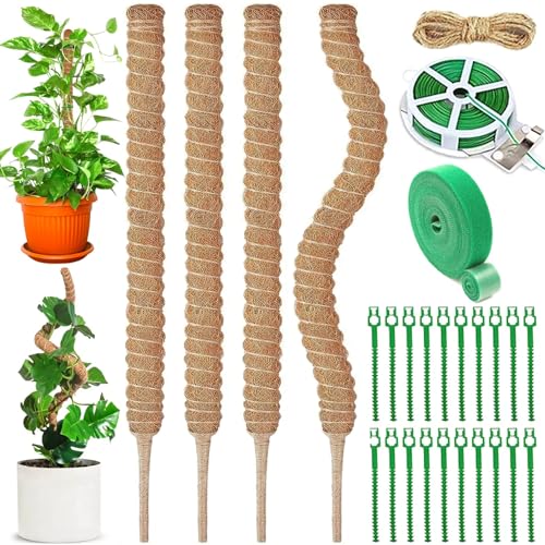 NCKIHRKK 4 Pack Rankhilfe Monstera, 70cm Biegbar Moosstab mit Garten Drehbinder Kabelbinder Juteseil, Pflanzstab Kokos Natürlicher Pflanzenstütze für Monstera Kletterpflanzen Zimmerpflanzen von NCKIHRKK