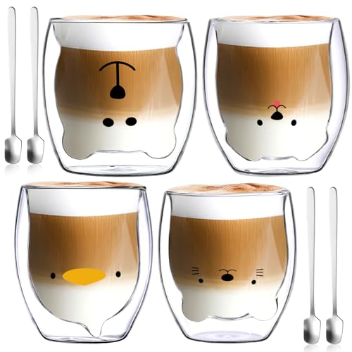 NCKIHRKK Doppelwandige Kaffeegläser Set, 4x250ml Doppelwandige Gläser Thermogläser Doppelwandig Kawaii Katze Geschenke für Frauen, Doppelwandig Kaffeeglas Teegläser Geburtstagsgeschenk Weihnachten von NCKIHRKK