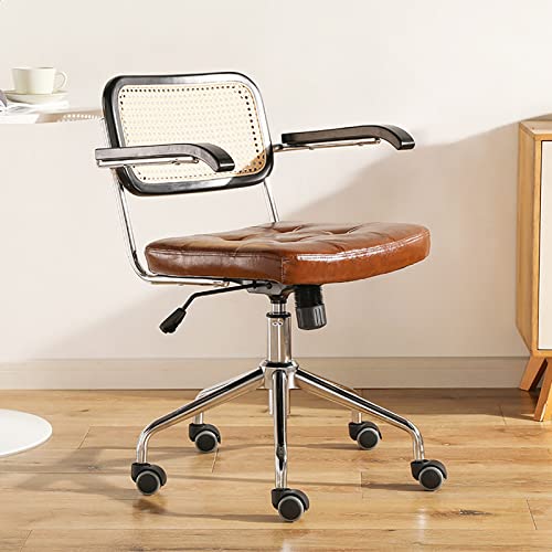 NCLOYN Home Bürostuhl, Pu-Leder Gepolsterter Schreibtischstuhl, Verstellbarer Drehbarer Computerstuhl mit Rattan-mittelrückenstütze, Ergonomischer Retro Arbeitsstuhl (45x46x54cm(18x18x21inch), Brown) von NCLOYN