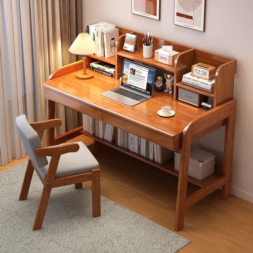 NCLOYN Moderner Home-Office-Schreibtisch, Schreibtisch Aus Massivholz, Einfacher Arbeitstisch mit Schrank und 2 Schubladen, Computertisch-Arbeitsplatz mit Offenem Ablagefach von NCLOYN