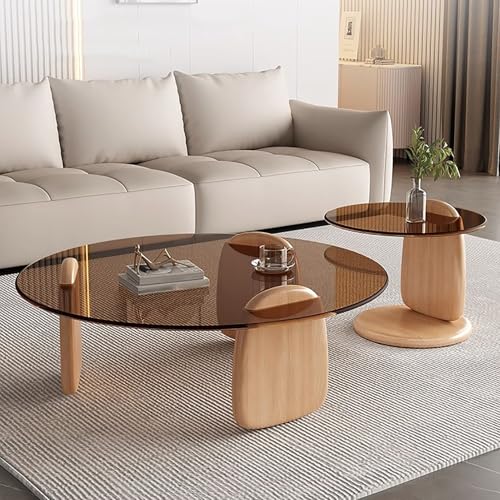 NCLOYN Runder Couchtisch 2er-Set, Mitteltisch mit Tischplatten Aus Gehärtetem Glas und Beinen Aus Massivholz, Moderne Akzent-cocktailtische für Kleine Räume Im Home Office(31"+20", Brown + Natural) von NCLOYN