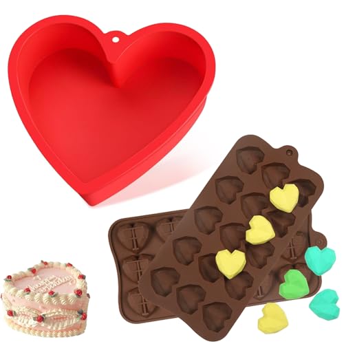 3 Stück Silikon Backform Herz, Silikon Herzbackform Tortenform Herzform set mit 2 Stück 15-Kavität Silikonformen für Herzkuchen Pudding Schichtkuch von NCOALE