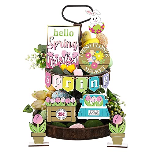 NCQiFei Osterdeko Osterhase Deko Ostern Frühlingsgestufte Tablett Dekoration Tiered Tablett Dekor Blumen Hase Eierfarbe Tischdekoration für Home Farmhouse Rustikale Küchendekorationen (A, One Size) von NCQiFei