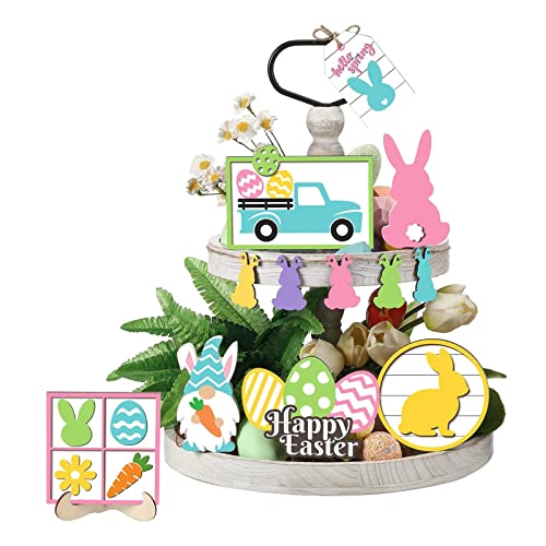 Osterdeko Osterhase Deko Ostern Frühlingsgestufte Tablett Dekoration Tiered Tablett Dekor Blumen Hase Eierfarbe Tischdekoration für Home Farmhouse Rustikale Küchendekorationen (D, One Size) von NCQiFei