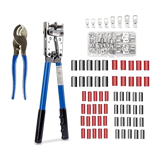 Batteriekabelschuh Crimpzange +Kabelschneider+60 Set HX-50B Aderendhülsen Kabelschuhzange,6-50mm² 1/0-10AWG Kabelschuh Set Presszange Crimp von Kabel Drahtkabel,Profi KFZ Werkzeug Modell 3 von NCRGB