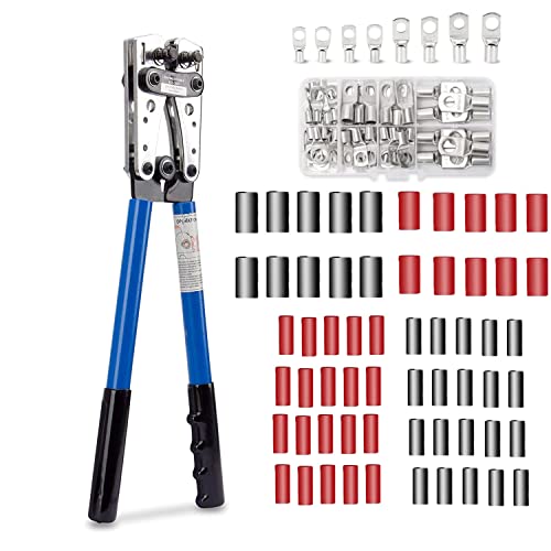 Crimpzange,Kabelschuhe Set,HX-50B Batteriekabel-Crimpwerkzeug+ 60 Kupferringklemmen & Schrumpfschläuche 6-50mm² 1/0-10AWG,Batteriekabelschuh von Kabel Drahtkabel,Profi KFZ Werkzeug von NCRGB