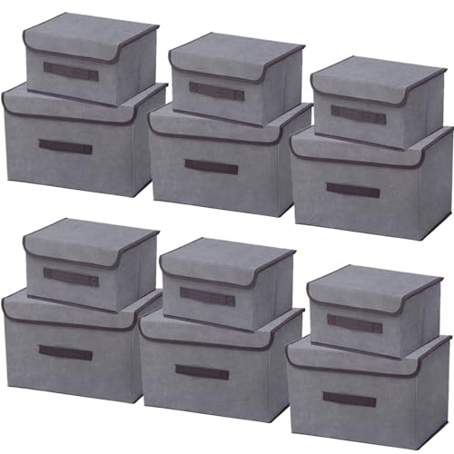 NCRGB 12 Stück Stoff Faltbare Aufbewahrungsboxen mit Deckel(36cm/6 Pack+26cm/6 Pack) Stoffaufbewahrungsbehälter mit Deckel,Kleiderschrank Organizer für Kleideraufbewahrung,Raumorganisation-Grau von NCRGB