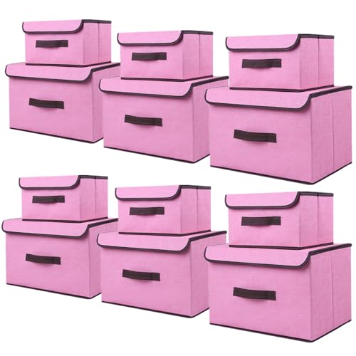 NCRGB 12 Stück Stoff Faltbare Aufbewahrungsboxen mit Deckel(36cm/6 Pack+26cm/6 Pack) Stoffaufbewahrungsbehälter mit Deckel,Kleiderschrank Organizer für Kleideraufbewahrung,Raumorganisation-Rosa von NCRGB