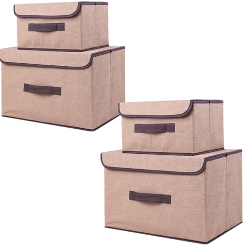 NCRGB 4 Stück Stoff Faltbare Aufbewahrungsboxen mit Deckel 36cm/2 Pack+26cm/2 Pack,Stoffaufbewahrungsbehälter mit Deckel,Kleiderschrank Organizer für Kleideraufbewahrung,Raumorganisation-Beige von NCRGB