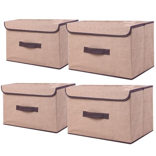 NCRGB 4 Stück Stoff Faltbare Aufbewahrungsboxen mit Deckel 36×23×24cm,Stoffaufbewahrungsbehälter mit Deckel,Kleiderschrank Organizer für Kleideraufbewahrung,Raumorganisation-Beige von NCRGB