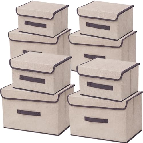 NCRGB 8 Stück Stoff Faltbare Aufbewahrungsboxen mit Deckel(36cm/4 Pack+26cm/4 Pack,Stoffaufbewahrungsbehälter mit Deckel,Kleiderschrank Organizer für Kleideraufbewahrung,Raumorganisation-Beige Weiß von NCRGB