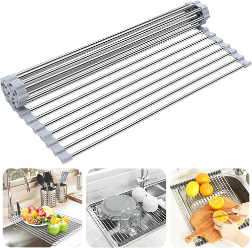 NCRGB Abtropfgestell Geschirr 47×30 cm,Aufrollbares Abtropfmatte Geschirr,Stainless Steel Hitzebeständiges Geschirrabtropfgestell,Sink Organizer Küche,Abtropfgitter Spüle for Cups,Fruit,Vegetable,Grau von NCRGB