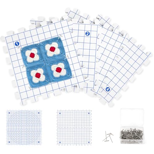NCTNCX Spannmatten Stricken 4 StüCk Spannmatten HäKeln Mit 100 T-Nadeln 28 cm Woolove Spannmatten Mit Rasterlinien Und Zahlen Spannmatte Set FüR Granny Square Spanner Und Stricken HäKeln Spitze von NCTNCX