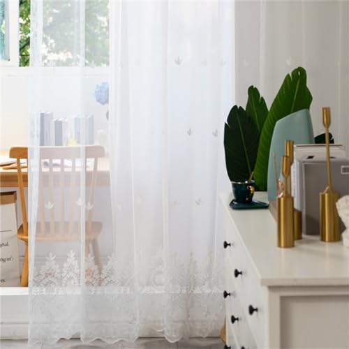 NCWANG Gardinen Schlaufenschal Voile Gardinen Ösenvorhang 2er Set - Weiße bestickte Blumen 2 Tabletten -132 cm Breite x 160 cm hoch Wohnzimmer Schlafzimmer Fenster Vorhänge Kinderzimmer von NCWANG