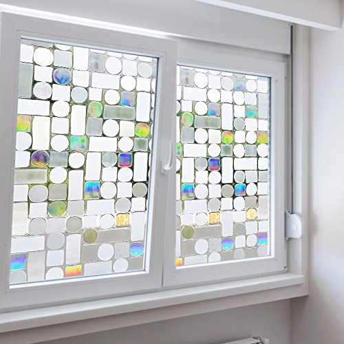 Sichtschutz-Fensterfolie, 3D-Buntglas-Fensterfolie, Glasfolie, nicht klebend, selbststatisch, Fensteraufkleber, Dekoration für Küche, Badezimmer, Zuhause, Regenbogen-Quadrat (44,5 x 300 cm) von NCWANG