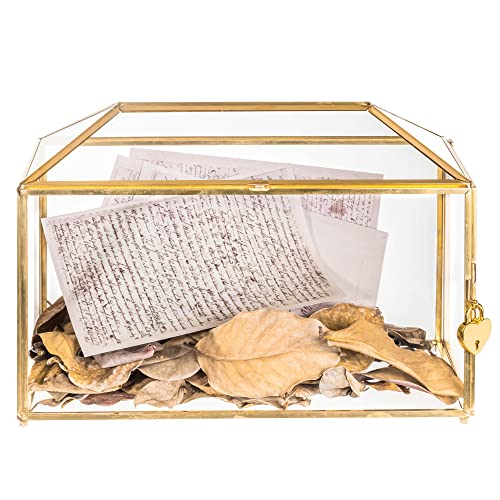 NCYP 32cm Large Geometric Glass Card Box Terrarium mit Schlitz und Herzschloss, Fuß, Gold, handgefertigt, Messing, für Hochzeitsempfang, Wishwell, Andenken-Herzstück (Glasbox und nur Schloss) von NCYP