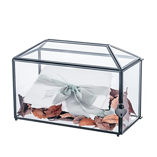 NCYP 32cm große Glaskartenbox für Hochzeiten mit Schlitz und Herzschloss, schwarze geometrische Terrarienbox aus Messing für Geburtstage, Partys, Empfänge, Andenken (nur Glasbox und Schloss) von NCYP