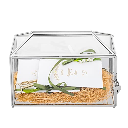 NCYP 32x15x23cm Silberfarbene Hochzeitskarten-Box aus Glas mit Schlitz und Schloss, Handgefertigt Dekoration für Dankeskarten, Andenken, Umschläge Terrarium (Nur Glasbox und Schloss) von NCYP