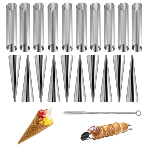 NCZCDZSW Schaumrollenformen 21 Stück Schillerlockenform mit Reinigungsbürst Cannoli Backform Klein Edelstahl Cannoli Formen Spirale Horn Backform Cannoli Röhrchen für Sahnehorn Croissant Hörnchen von NCZCDZSW