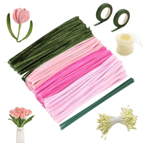 Pfeifenreiniger Blumen Set, 400 Stück Pfeifenputzer zum Basteln Tulpe Blumenstrauß Pfeifenputzer Set, 5 Farben Pipe Cleaner mit Blumenstöcke, Schleifenband, Blumen Staubblatt für Blumenstrauß DIY von NCZCDZSW