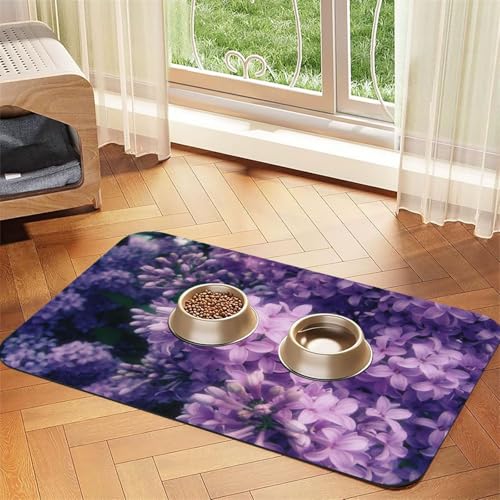 Haustier-Futtermatte für Hunde und Katzen, saugfähig, wasserdicht, rutschfest, schnell trocknend, Bodenschutz, Leder-Tischdecke, Motiv: Blühende lila Blumen von NDDCEDEW