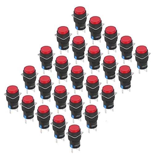 NDNCZDHC 25 PCS Druckknopfschalter, 5 Messingstifte 16 mm Mini-runder Momentan-Druckknopfschalter mit Selbstrückstellung (Rot) von NDNCZDHC