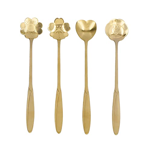 NDNCZDHC 4PCS Blume Herz Kaffee Tee Löffel, 4 verschiedene Muster Edelstahl Misch löffel für Kaffee Zucker Wüste Tee Kuchen (Gold) von NDNCZDHC