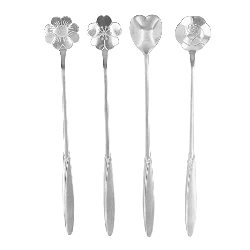 NDNCZDHC 4PCS Blume Herz Kaffee Tee Löffel, 4 verschiedene Muster Edelstahl Misch löffel für Kaffee Zucker Wüste Tee Kuchen (Silber) von NDNCZDHC