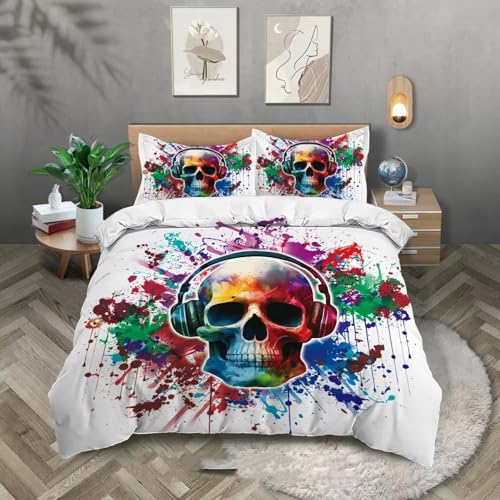 NDXRWDZR Bettwäsche 135x200 Bunter Totenkopf Bettwäsche-Set mit Reißverschluss Schließung für Kinder Weicher Atmungsaktive Mikrofaser Bettbezug + 2 Kopfkissenbezug 80x80 cm von NDXRWDZR