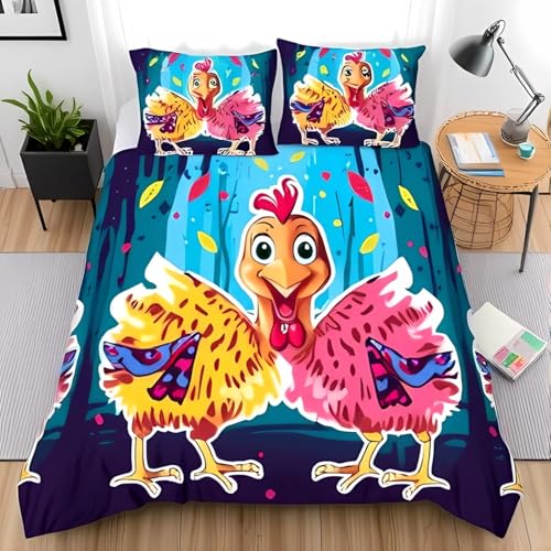 NDXRWDZR Bettwäsche 135x200 Cartoon-Huhn Bettwäsche-Set mit Reißverschluss Schließung für Kinder Weicher Atmungsaktive Mikrofaser Bettbezug + 2 Kopfkissenbezug 80x80 cm von NDXRWDZR