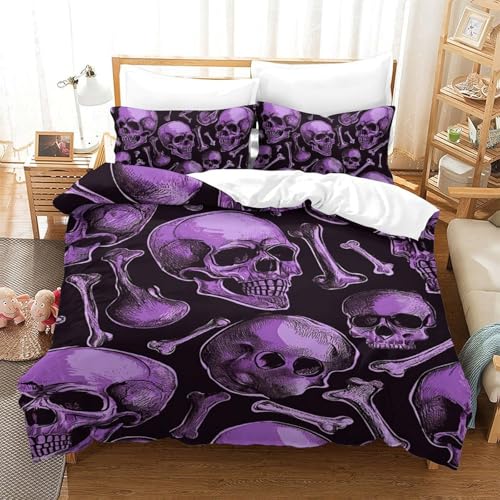 NDXRWDZR Bettwäsche 135x200 Lila Totenkopf Bettwäsche-Set mit Reißverschluss Schließung für Kinder Weicher Atmungsaktive Mikrofaser Bettbezug + 2 Kopfkissenbezug 80x80 cm von NDXRWDZR