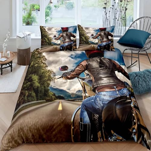 NDXRWDZR Bettwäsche 135x200 Motorrad Bettwäsche-Set mit Reißverschluss Schließung für Kinder Weicher Atmungsaktive Mikrofaser Bettbezug + 2 Kopfkissenbezug 80x80 cm von NDXRWDZR