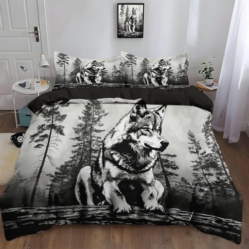 NDXRWDZR Bettwäsche 135x200 Schwarzer Wolf Bettwäsche-Set mit Reißverschluss Schließung für Kinder Weicher Atmungsaktive Mikrofaser Bettbezug + 2 Kopfkissenbezug 80x80 cm von NDXRWDZR
