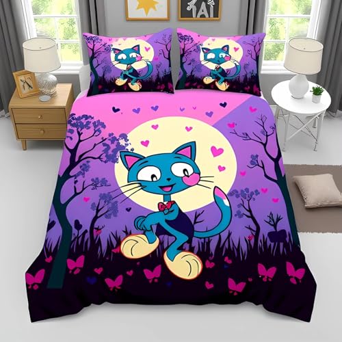 NDXRWDZR Bettwäsche 155x220 Cartoon-Katze Bettwäsche-Set mit Reißverschluss Schließung für Kinder Weicher Atmungsaktive Mikrofaser Bettbezug + 2 Kopfkissenbezug 80x80 cm von NDXRWDZR