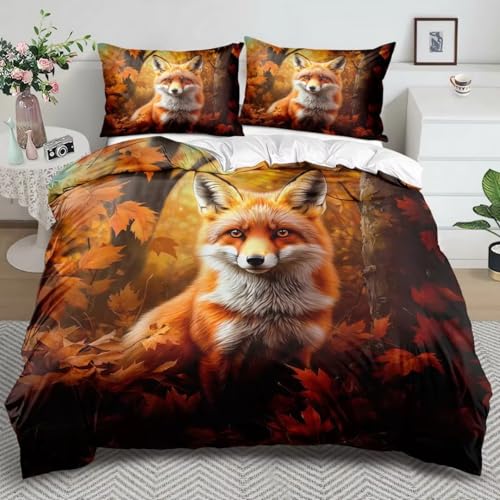 NDXRWDZR Bettwäsche 155x220 Fuchs Bettwäsche-Set mit Reißverschluss Schließung für Kinder Weicher Atmungsaktive Mikrofaser Bettbezug + 2 Kopfkissenbezug 80x80 cm von NDXRWDZR