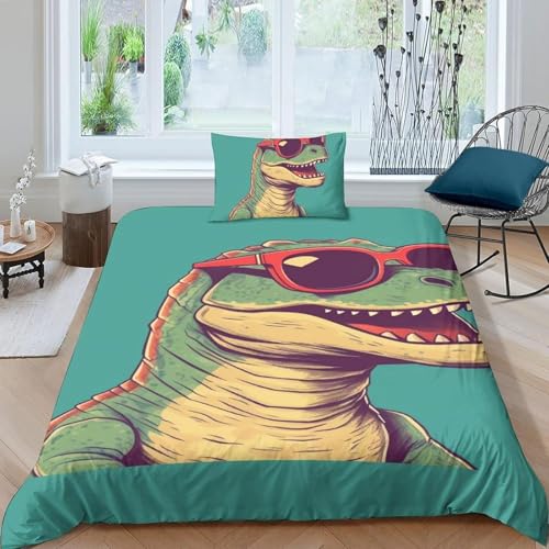 NDXRWDZR Bettwäsche 155x220 GrüNer Dinosaurier Bettwäsche-Set mit Reißverschluss Schließung für Kinder Weicher Atmungsaktive Mikrofaser Bettbezug + 2 Kopfkissenbezug 80x80 cm von NDXRWDZR