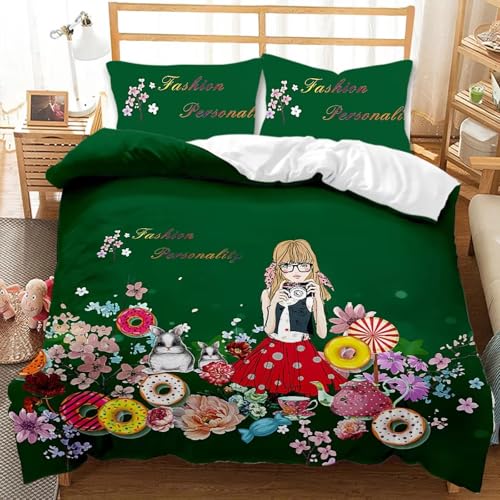 NDXRWDZR Bettwäsche 155x220 GrüNes MäDchen Bettwäsche-Set mit Reißverschluss Schließung für Kinder Weicher Atmungsaktive Mikrofaser Bettbezug + 2 Kopfkissenbezug 80x80 cm von NDXRWDZR