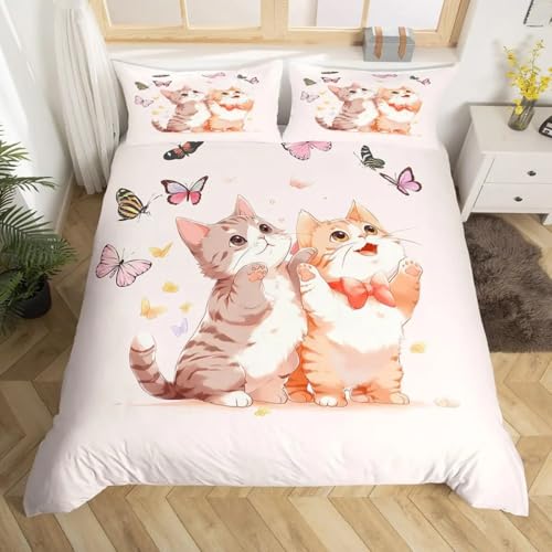 NDXRWDZR Bettwäsche 155x220 Rosa Katze Bettwäsche-Set mit Reißverschluss Schließung für Kinder Weicher Atmungsaktive Mikrofaser Bettbezug + 2 Kopfkissenbezug 80x80 cm von NDXRWDZR