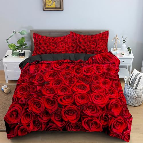 NDXRWDZR Bettwäsche 155x220 Rote Rose Bettwäsche-Set mit Reißverschluss Schließung für Kinder Weicher Atmungsaktive Mikrofaser Bettbezug + 2 Kopfkissenbezug 80x80 cm von NDXRWDZR