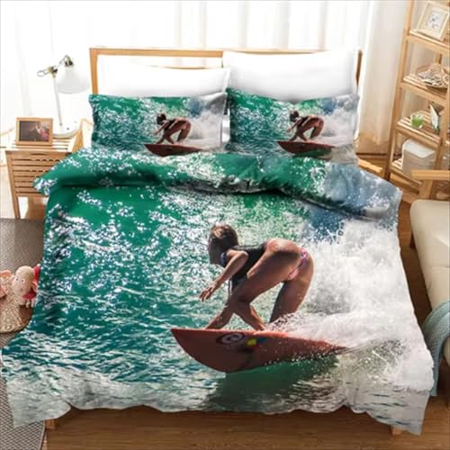 NDXRWDZR Bettwäsche 155x220 Surfen Im Sommer Bettwäsche-Set mit Reißverschluss Schließung für Kinder Weicher Atmungsaktive Mikrofaser Bettbezug + 2 Kopfkissenbezug 80x80 cm von NDXRWDZR
