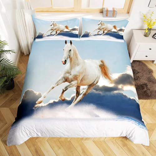 NDXRWDZR Bettwäsche 155x220 WeißEs Galoppierendes Pferd Bettwäsche-Set mit Reißverschluss Schließung für Kinder Weicher Atmungsaktive Mikrofaser Bettbezug + 2 Kopfkissenbezug 80x80 cm von NDXRWDZR