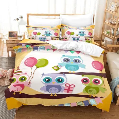 NDXRWDZR Bettwäsche 200x220 Cartoon-Eule Bettwäsche-Set mit Reißverschluss Schließung für Erwachsene Kinder Weicher Atmungsaktive Mikrofaser Bettbezug + 2 Kopfkissenbezug 80x80 cm von NDXRWDZR