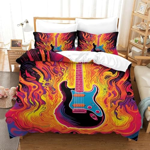 NDXRWDZR Bettwäsche 200x220 Gitarre Bettwäsche-Set mit Reißverschluss Schließung für Erwachsene Kinder Weicher Atmungsaktive Mikrofaser Bettbezug + 2 Kopfkissenbezug 80x80 cm von NDXRWDZR