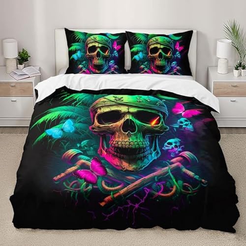 NDXRWDZR Bettwäsche 200x220 Totenkopf Bettwäsche-Set mit Reißverschluss Schließung für Erwachsene Kinder Weicher Atmungsaktive Mikrofaser Bettbezug + 2 Kopfkissenbezug 80x80 cm von NDXRWDZR