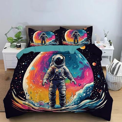 NDXRWDZR Bettwäsche 220x240 Astronaut Bettwäsche-Set mit Reißverschluss Schließung für Erwachsene Kinder Weicher Atmungsaktive Mikrofaser Bettbezug + 2 Kopfkissenbezug 80x80 cm von NDXRWDZR