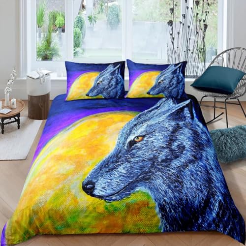 NDXRWDZR Bettwäsche 220x240 Blauer Wolf Bettwäsche-Set mit Reißverschluss Schließung für Erwachsene Kinder Weicher Atmungsaktive Mikrofaser Bettbezug + 2 Kopfkissenbezug 80x80 cm von NDXRWDZR