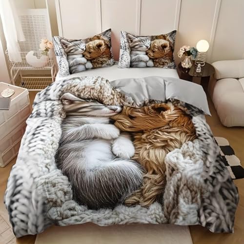 NDXRWDZR Bettwäsche 220x240 SüßE Katze Und Hund Bettwäsche-Set mit Reißverschluss Schließung für Erwachsene Kinder Weicher Atmungsaktive Mikrofaser Bettbezug + 2 Kopfkissenbezug 80x80 cm von NDXRWDZR