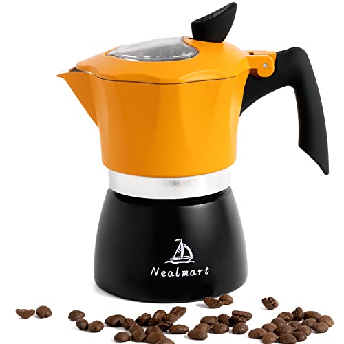 NEALMART Espresso-Kaffeemaschine für Herd, orange, Premium-Aluminium, Mokkakanne, 3 Espressotassen, Perkolator-Kaffeekanne, italienische Kaffeemaschine, Greca-Kaffeemaschine für Cappuccino oder Latte von NEALMART